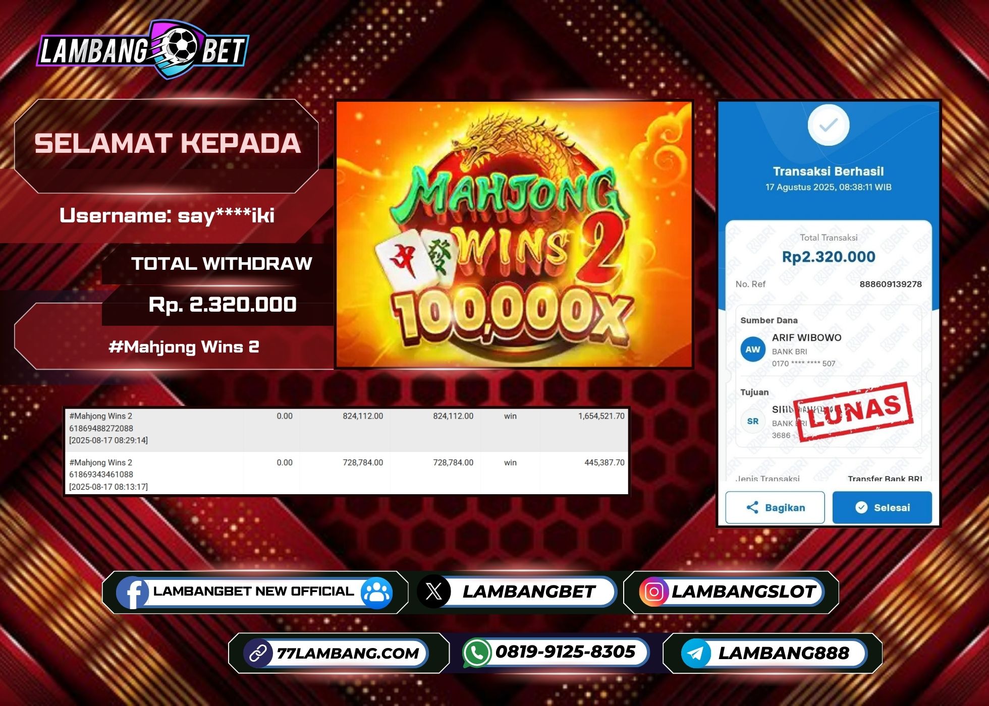 LAMBANGBET [17 AUGUST 2025] JACKPOT SLOT Mahjong Wins 2 "Rp2.320.000" LUNAS